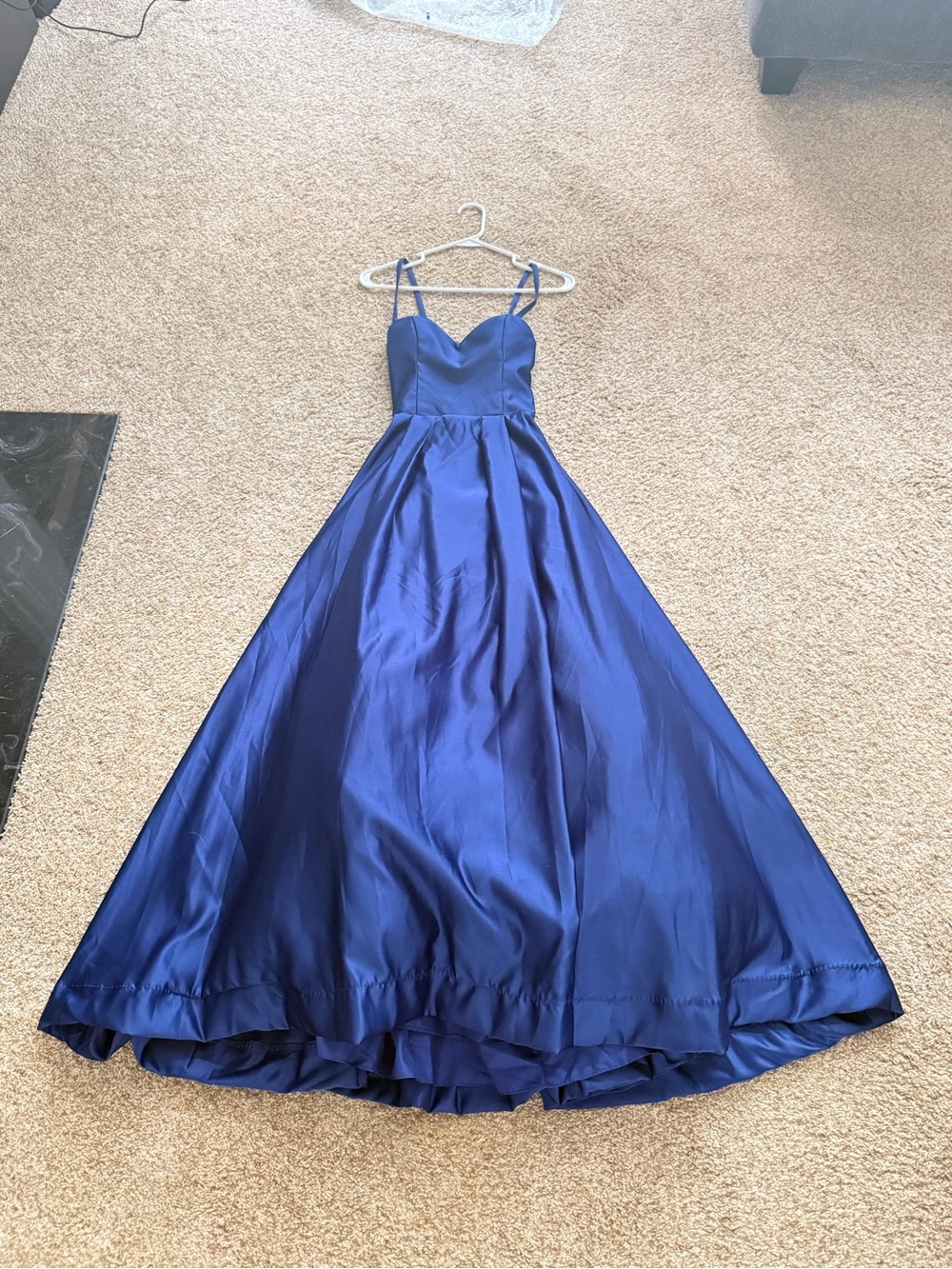 Navy Satin A-Line Spaghetti Strap Prom Dress